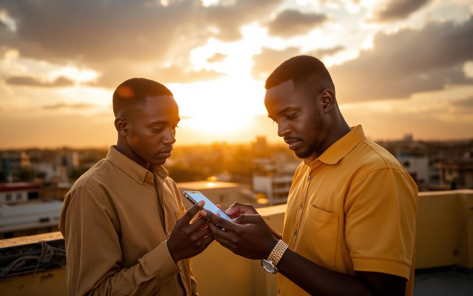 Ugandan creatives reviewing work at golden hour
